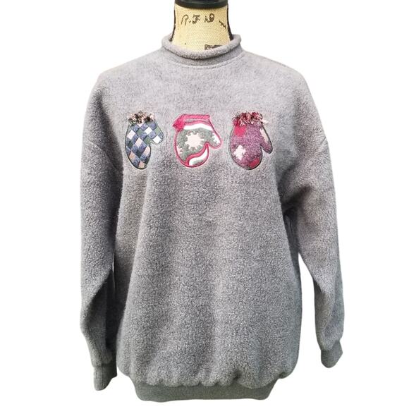 Cozy Y2k Fleece Sweater Art Unlimited M Sweatshirt Gray Mittens Grandma Vtg 90s - Picture 2 of 9